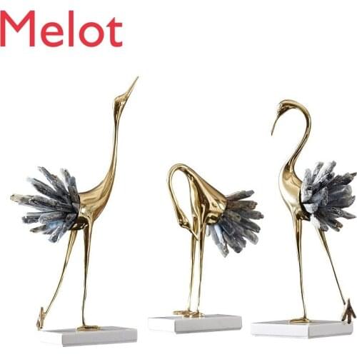 High-End Fashion Crystal Stone Crane Copper Light Luxury Modern Living Room Home Metal Named Golden Crane Ornaments