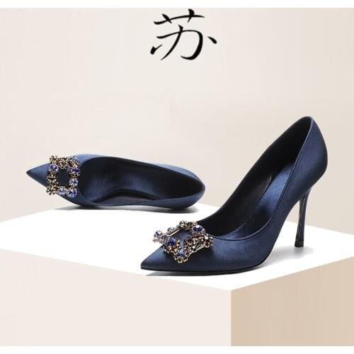 Spring 2021 New High Heels Female Pointed Temperament Name Sexy 7cm Treasure Blue Light Mouth Fine Heel Single-shoe Woman