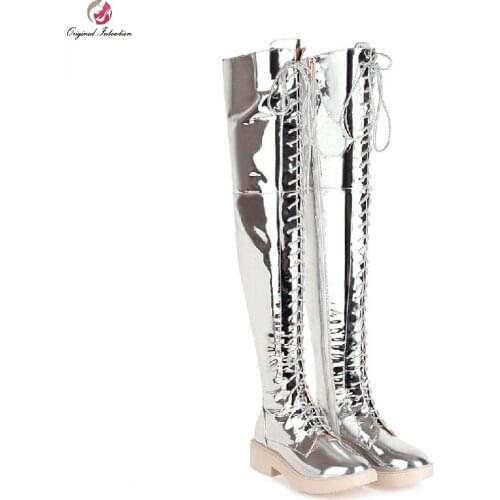 Winter Round Toe Women Boots Fashion Platform Cross Tied Zipper Square Heel Over The Knee Long Boots Women Shoes Plus Size 33 43