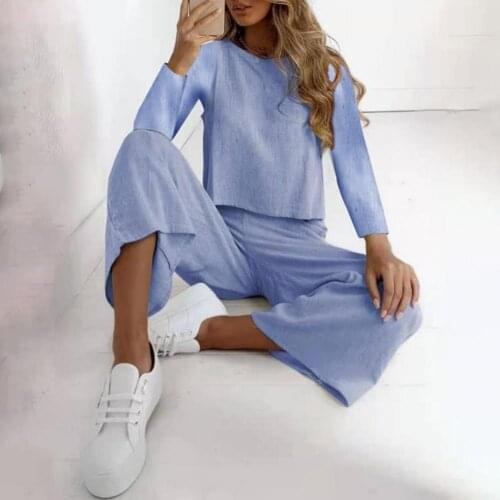 1 Set Top Women Pants Set Solid Color Wide Leg Office Lady Round Neck Blouse Elastic Waist Trousers Casul Sport Streetwear