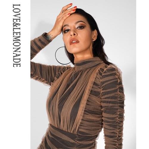 LOVE&LEMONADE Stand Collar Nude Mesh Pleated Stitching Long Sleeve Bodycon Dress LM81539