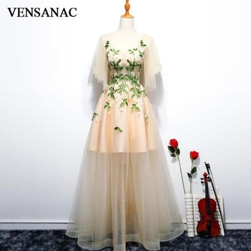 VENSANAC 2018 A Line V Neck Flowers Backless Long Evening Dresses Party Lace Appliques Half Sleeve Prom Gowns