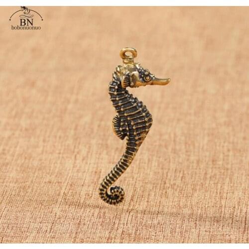 Vintage Cute Pure Brass Solid Hippocampus Key Ring Pendants Copper Seahorse Keychains Hanging Jewelry Fashion Car Keyring Gifts