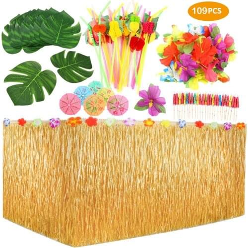 Flowers Artificial Grass Table Skirt Hawaiian Party Decoration Luau Wedding Party Flamingo Party Table Decor Supplies 109 Pieces