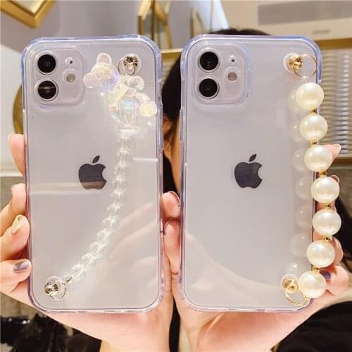 For Samsung Galaxy A 01 11 21 31 41 81 91 51 71 72 12 52 32 42 02s Transparent TPU Bear Pearl Bracelet Case