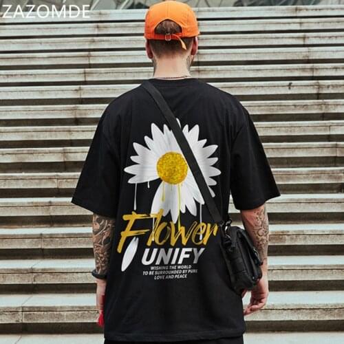Daisy Print T-Shirts Casual Men Loose Pure Cotton Tshirt Harajuku Short Sleeve Graphic Oversized Summer Clothing