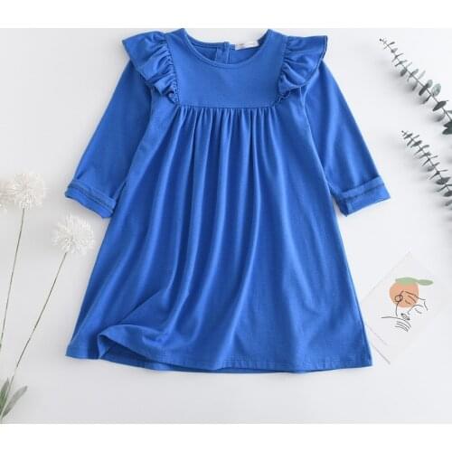 27kids Baby Girls Costumes Fashion Cartoon Solid Color Round neck Dresses Long sleeve skirt Chidlren Casual Clothing Cute 3-7Y