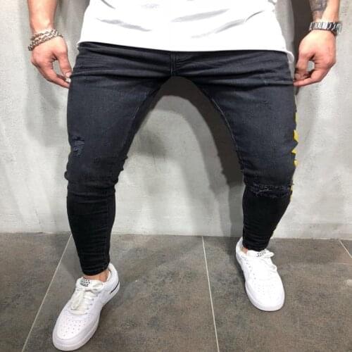 2021 Mens Autumn Sale Skinny Black Jeans Yellow Side Stripes Hip Hop Streetwear Raw Edge Ripped Skinny Printed Street Jeans