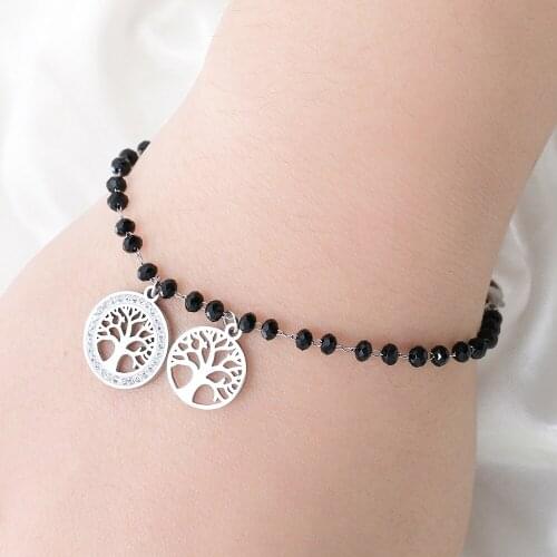 Stainless Steel Tree Of Life Charm Bracelet For Women Black Crystal Beads Chain Bracelet Girls Party Accessories Fashion Jewelry