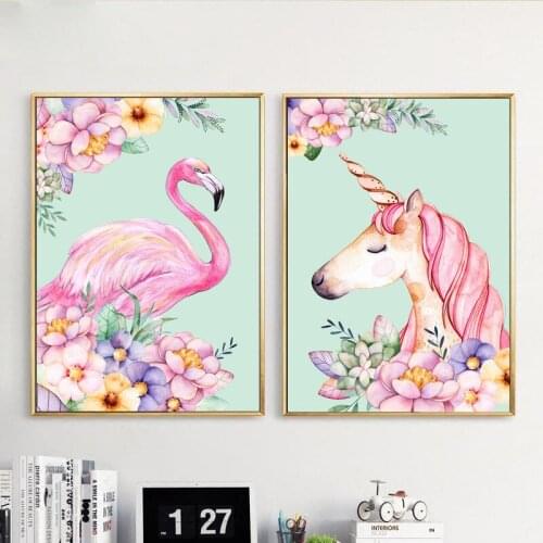 Nordic Modern Minimalist Pink Unicorn Flamingo Flower Decorative Canvas Painting Living Room Decor