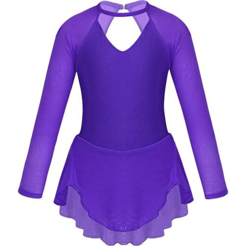 Kids Girls Figure Skating Dress Ice Skating Competition Dresses Sheer Long Sleeves Tulle Splice Ballet Dance Leotard Costume