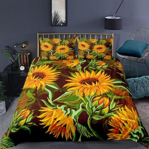 Sunflowers 3 Pieces Comforter Cover Set Breathable King Queen Pillow Cases Modern Yellow Bloom Bedding Quilt Bedding Accessory