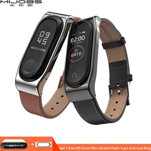 Mijobs Mi band 3 Wrist Strap Genuine Leather Bracelet For Xiaomi Mi Band 3/4 Screwless Wristbands Smart Band Replace Miband 3/4