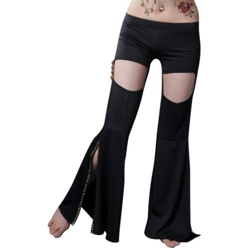 Sexy New Tribal Belly Dance Pants Black Practice Pants Elastic Waist with Hole Inseparable High Waisted Flare Pants Women