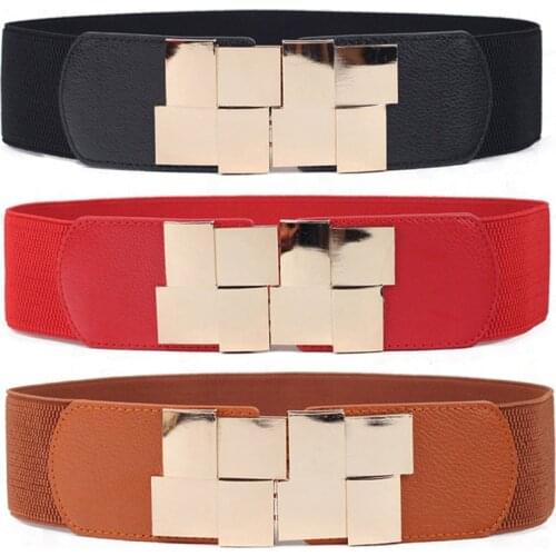 Elastic Waist Closure Wide women belt Gold Square Buckle Dress Decorative Female leather belt Self - cultivation Band Girdle