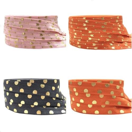 16mm fold over elastic ribbon 5/8" Gold foil arrow Polka dot printed 10 yards Hair ring DIY handmade sewing clothing accessorie