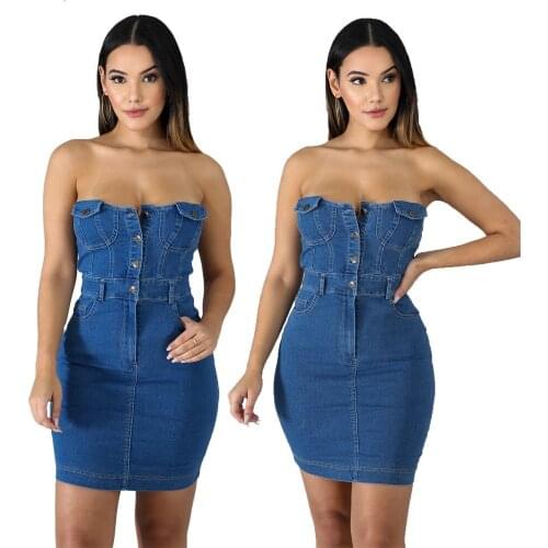 Summer European and American Womens Sexy Fashion Bag Hip Strapless Sleeveless Denim Dress