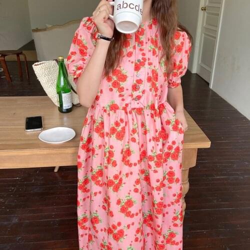 Korean Chic French Sweet Round Neck Pleated Feeling Rose Flower Design Loose Single Breasted Puff Sleeve Dress Women