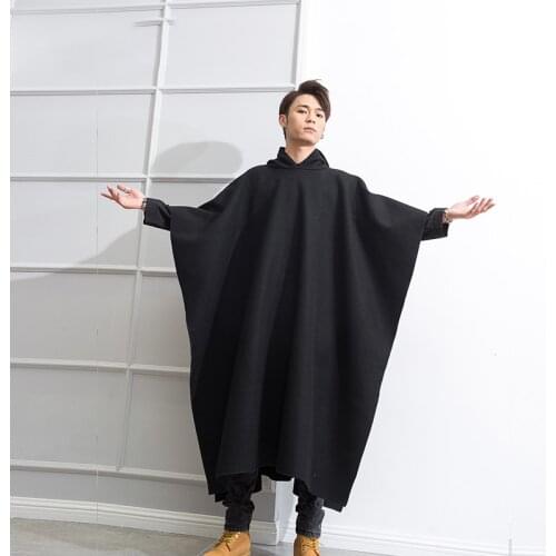 M-4XL Retro Woolen Coat Mens Hooded Over-Knee-length Coat Winter Korean Black Student Cloak Tall Clothes