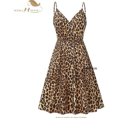 SISHION New Spaghetti Strap Sexy Leopard Dress VD1717 Vintage ropa mujer Floral Printed Women Summer Beach Dress with Pocket