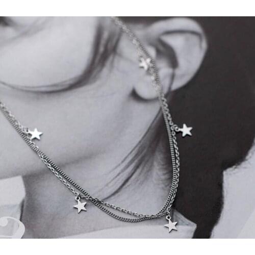 100% real 925 Sterling Silver Fine Jewelry TWO-ROWS/ Double layers Star Pendant Statement station Necklace GTLX1811