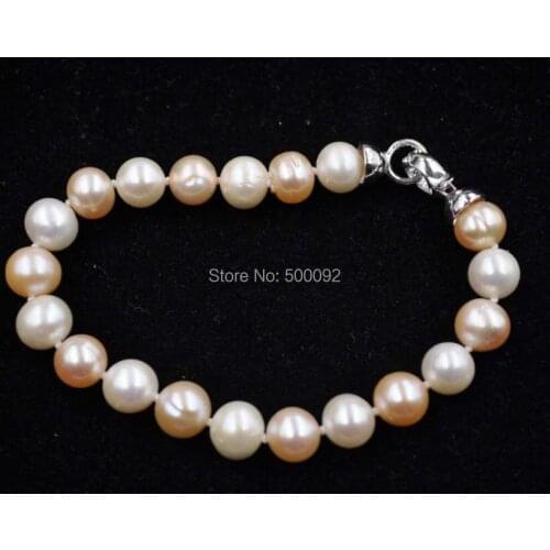 19cm 8.5-9mm Natural color mix cultured pearl bracelet white&pink