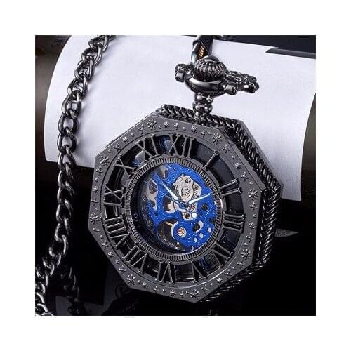 2020 Retro Mens Mechanical Pocket Watch Octagon Hollow-carved Design,Women Necklace Pendant Roman Numerals Clock Birthday Gifts
