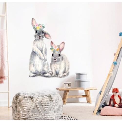 Watercolor Grey Baby Rabbits Floral Decals Removable Nursery Wall Art Stickers Wallpaper Posters Girls Bedroom Gift Home Decor