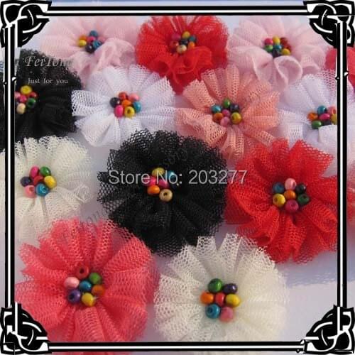 Free shipping!36pcs/lot 4CM tulle flower mesh flower net flower tutu flower with colors wood beads 7 colors for your pick