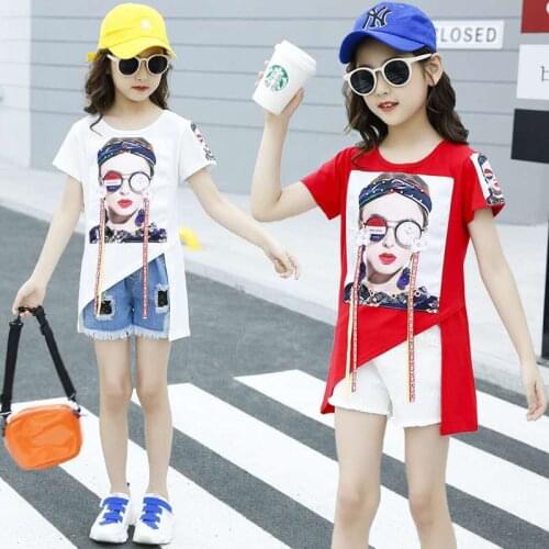 Childrens clothing summer girls' clothes 2020 new summer fashion irregular Short Sleeve Top + shorts little girls' suit 2-13Y