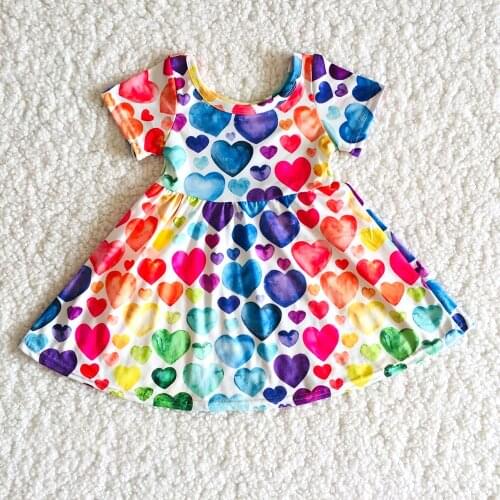 Toddler Fashion Summer Short Sleeve Frocks Girl Colorful Heart Twirl Dress Infants Valentines Clothes Suit