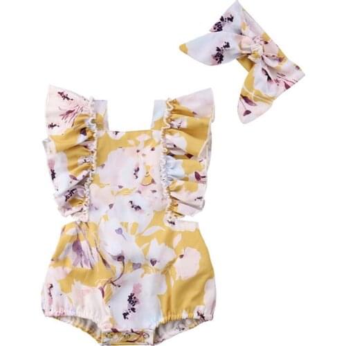 Toddler Newborn Baby Girls Romper Floral Backless Girl Ruffle Jumpsuits Infant Headband Kids Clothes Childrens Clothing Sets