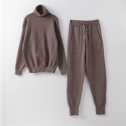 2 Pieces Set Women Knitted Tracksuit Turtleneck Sweater + Carrot Jogging Pants Pullover Sweater Set CHIC Knitted Outwear