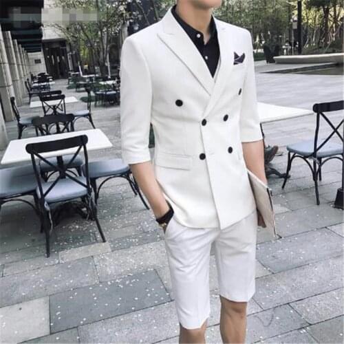 TPSAADE Fashion Mens 2 Pieces Summer Double Breasted White/Red /Grey/Blue Slim Fit Short Jacket Wedding Party Dress Groom