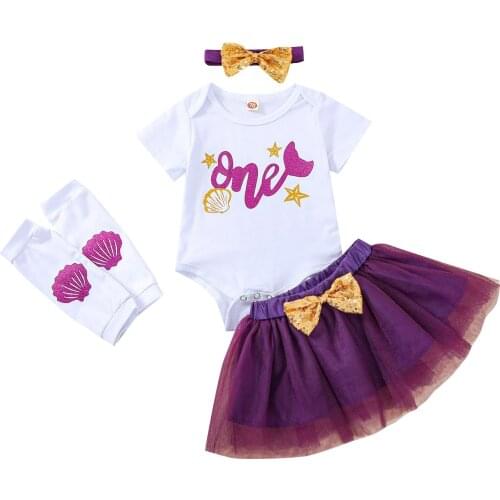 Newborn Baby Girl Clothes Set Short Sleeve Romper+Mesh Skirt +Leg Warmer+Hair Band for Birthday