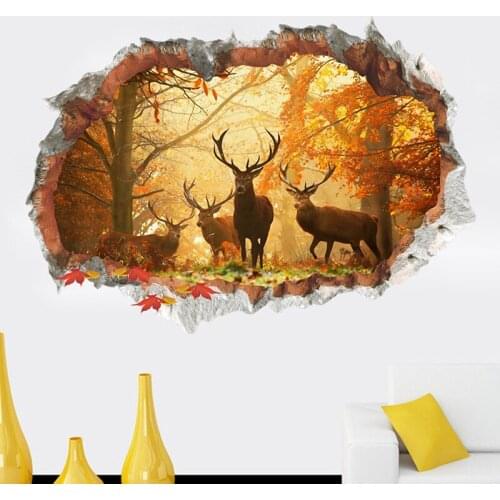 Creative 3D Broken Wall Animal Elk Forest Wall Stickers Living Room Bedroom Wall Decals Vinyl Stickers Room Decor QT157