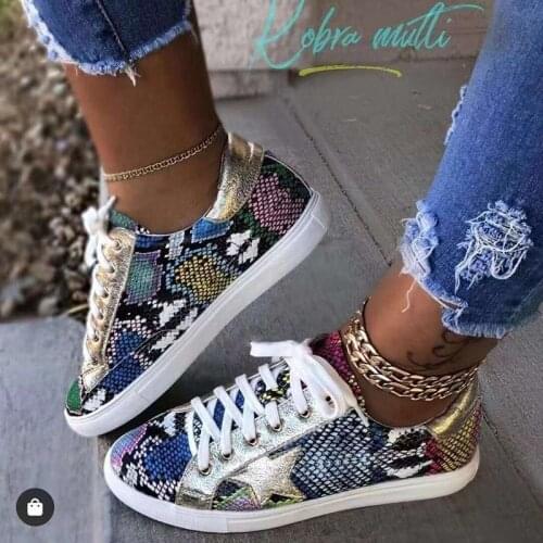 PU Leather Flat with Snake Pattern Shoes Women Lace-up Fashion Printed Female Sneakers New Leisure Women Sneaker Footwear 2021