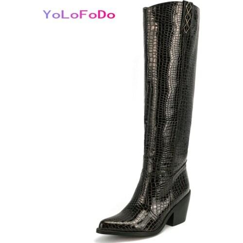 Patent PU Leather Women Knee High Boots Square Heel Pointed Toe Women Western Boots Stone Pattern Winter Boots Plus Size 34-43