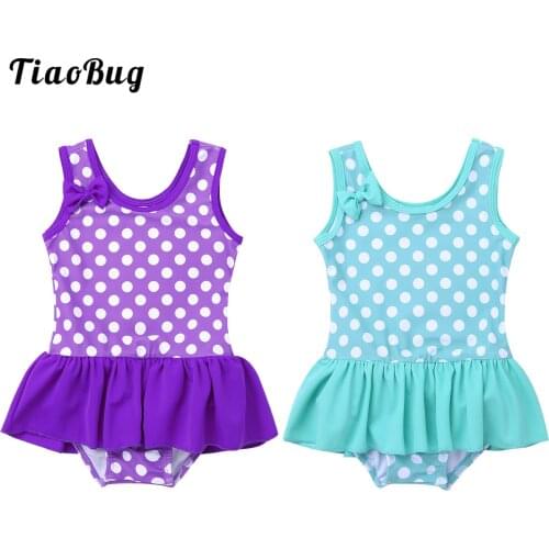 Summer Kids Girls One-Piece Polka Dot Swimsuit Round Neck Sleeveless Ruffles Swimwear Bathing Suit Beach Dress