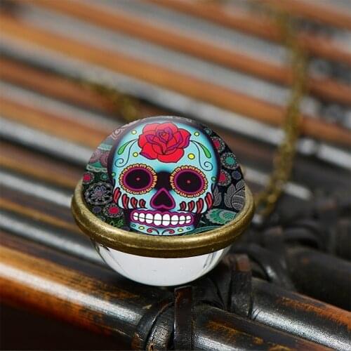 Mexico Floral Sugar Skull Necklace Day of the Dead Gift Art Picture Clear Crystal Glass Ball Pendants Metal Link Chain Necklaces