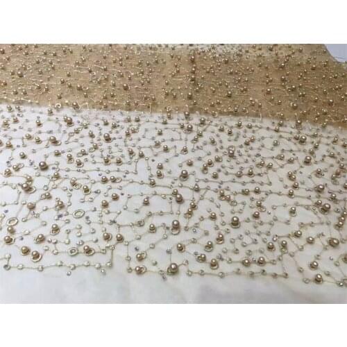 New Design African Net Lace Fabric Mesh Tulle Lace with beads Nigerian French Guipure Lace Fabric for women dress gold color