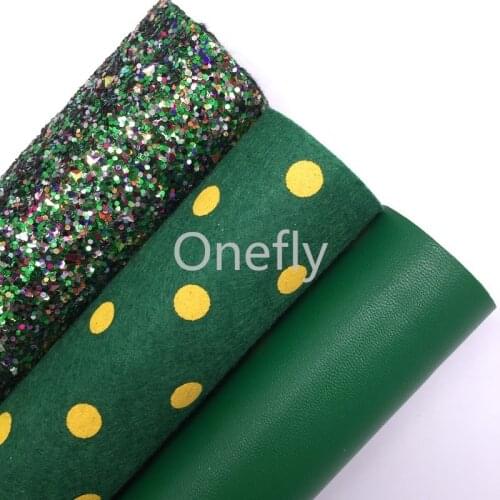 Onefly 21X29CM Green Glitter Leather, Dots Printed Felt Fabric Sheets For Bow DIY handbags shoes AQ011