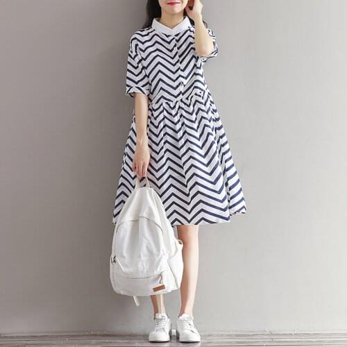 Lolita Dress Japanese Mori Girl Summer Women Dress Wave Stripe Cotton Linen Vintage Dress Preppy Style Sweet Casual Loose Dress