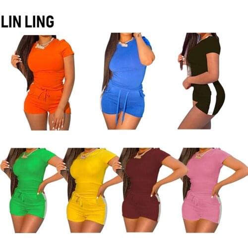 LINLING Womens 2 Piece Outfits Short Sleeves Crop Top + Bodycon Shorts Jumpsuit Set
