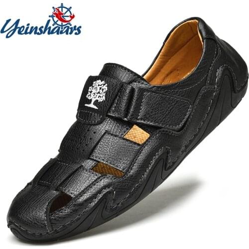 Genuine Leather Sandals Men Big Size 48 47 Velcro Leisure Shoes Breathable Rubber Driving Shoes Outdoor Men Cow Leather Sneakers