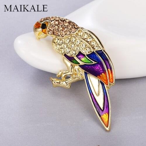 MAIKALE Vintage Crystal Parrot Brooch Pins Enamel Bird Brooches for Women Corsage Shirt Suit Kids Bag Accessories Broche Gifts