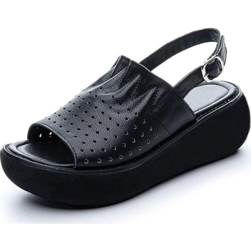 2021 Concise Summer Wedges Sandals Women Open Toe Flat Shoes Genuine Leather Hollow High Heel Platform Sandals Female Footwear