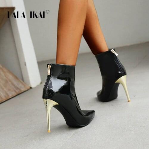 LALA IKAI Womens Boots Autumn Winter 2020 High Heels Womens Shoes Ankle Boots 10cm Pointed Toe Heels botas de mujer Plus Size