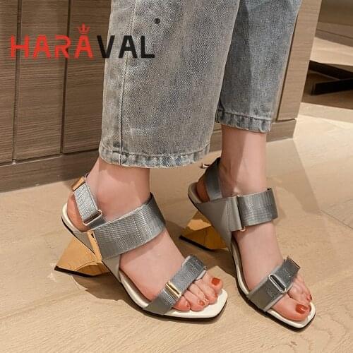 HARAVAL Women Sandals Shoes High Heels Strange Style Fashion Elegant Genuine Leather Hook & Loop Casual Patchwork Shoes B122