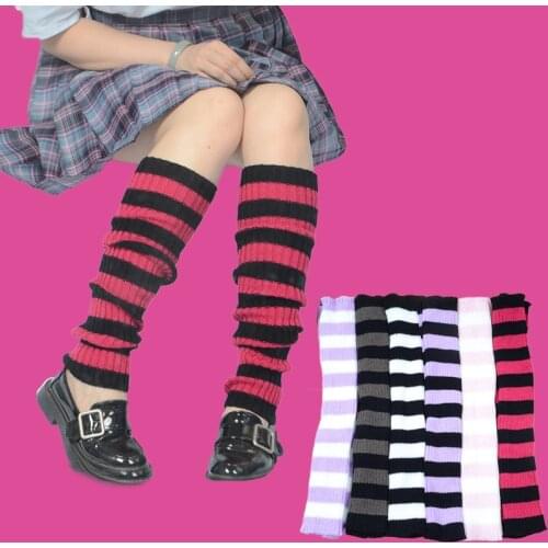 Goth Fashion Leg Warmers Women Stripe Warm Knee High Winter Knit Crochet Foot Warmer Socks Warm E-girl Cosplay Pile Up Socks